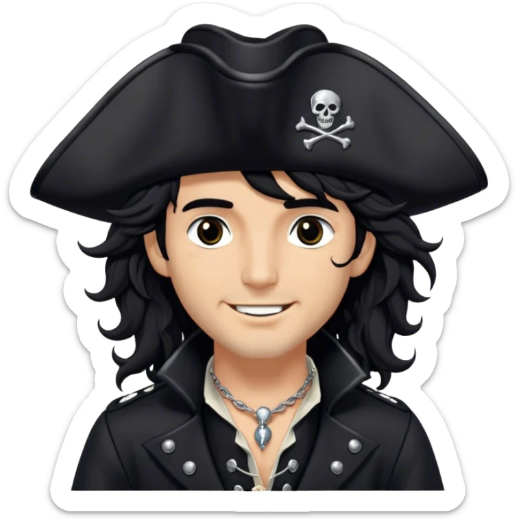 A charismatic pirate with wavy black hair tousled. His black tricorn hat, embroidered with silver. Dark eyes glint with mischief as he gazes to the side, a knowing smile on his lips. His fitted black coat, adorned with silver buttons. A silver chain dangles from his belt sticker