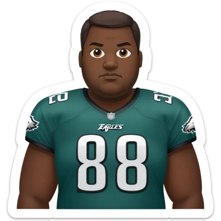 Cartoon portrait of a large man with a dark complexion and a Philadelphia Eagles jersey sticker