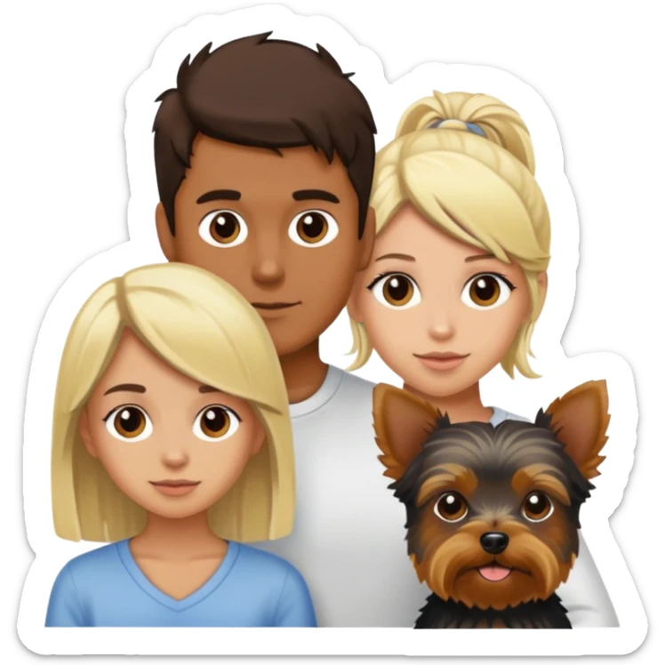 tan skin dark brown hair boy, with blonde girl and yorkie sticker