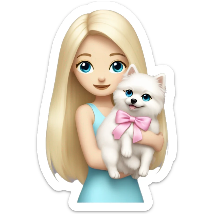 Blond girl white skin blue eyes hugging white Pomeranian with light pink bow sticker