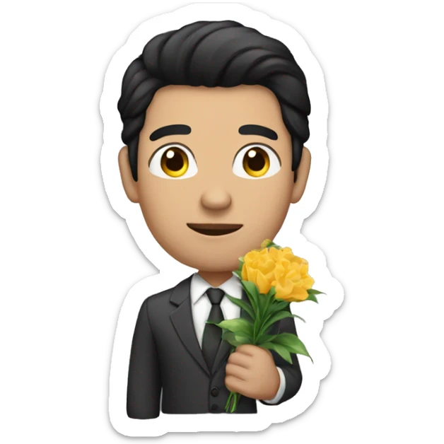 A man with black hair and fair skin in a suit holding flowers sticker