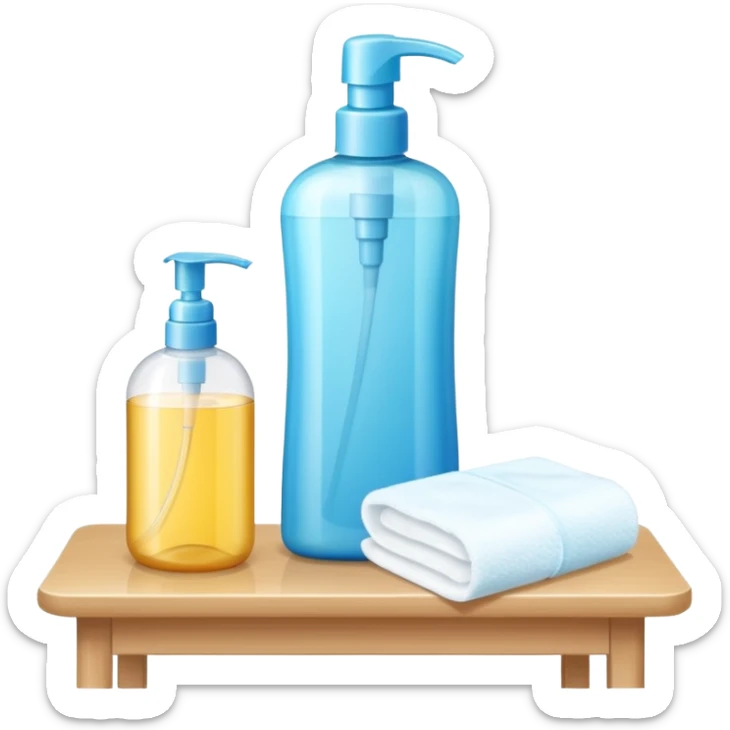 big (1L) bottle of shampoo, disposable gloves and cotton pads (for makeup) are standing on a table sticker