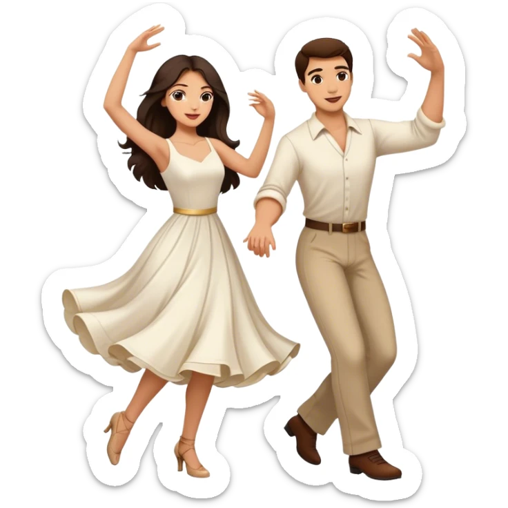 Beautiful woman in 1950’s woman fashion look, white dress, long dark brown hair, balboa couple dance  sticker