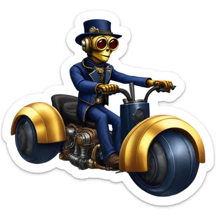 C-3PO wearing a pair of navy-blue rimmed steampunk goggles, hat, leather chaps, fringe jacket riding a fast 3 wheeler trike steampunk motorcycle on ice  sticker