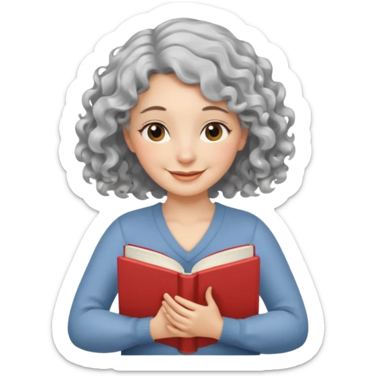 Silver hair, wavy/curly hair chin-length lady giving hug with 2 arms,  v-neck and smiling, add a favorite book sticker