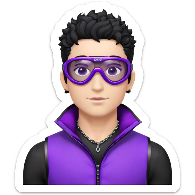 male athlete with white skin and moderately curly black hair on top with shaved sides, wearing ski goggles with purple frames and very dark black lenses, a simple plain black chain necklace, and an open shiny purple vest showing his chest and abs, no earrings sticker