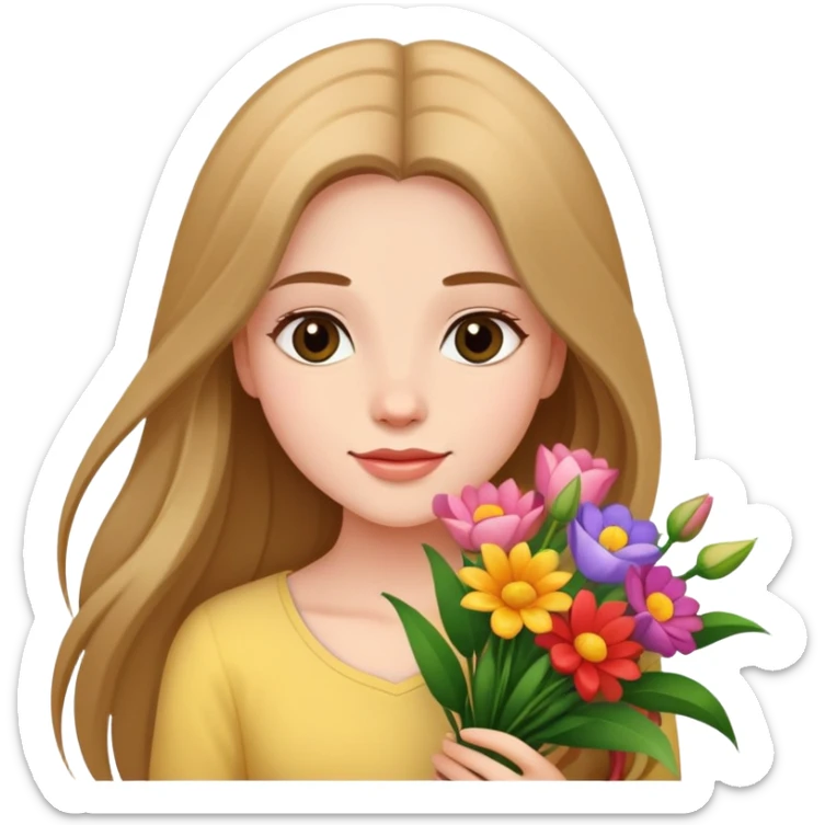 A beautiful girl with long hair holding a bouquet of flowers sticker