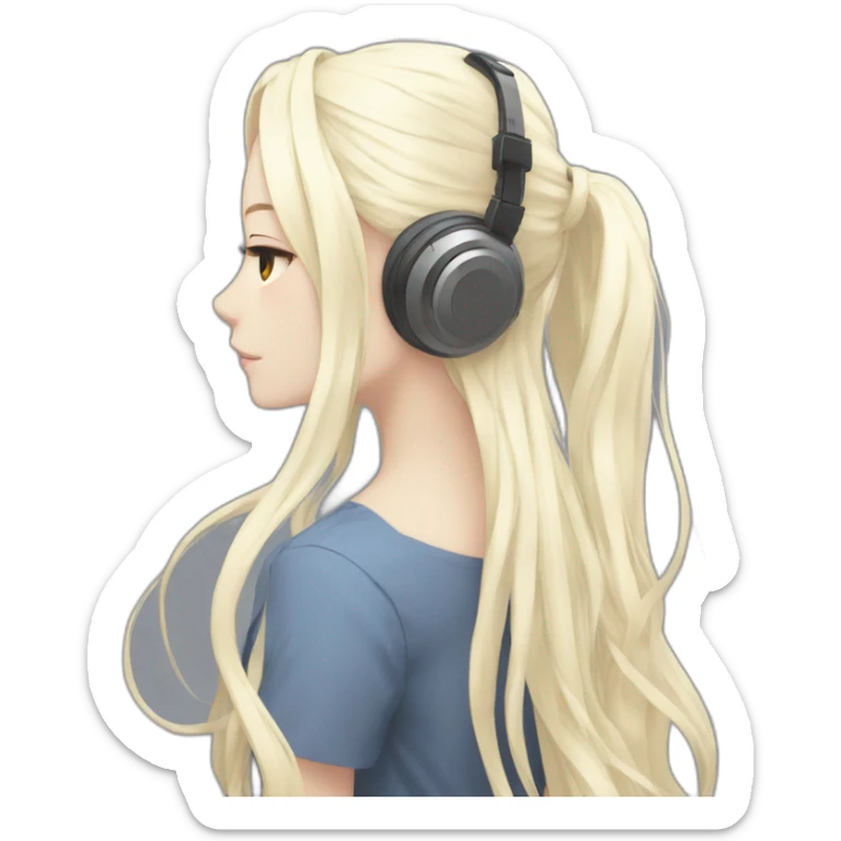 anime girl from behind with headphones on toes and white long hair sticker