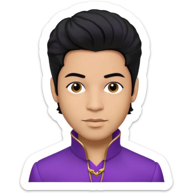 Prince Rogers Nelson with olive skin, black hair, purple outfit sticker