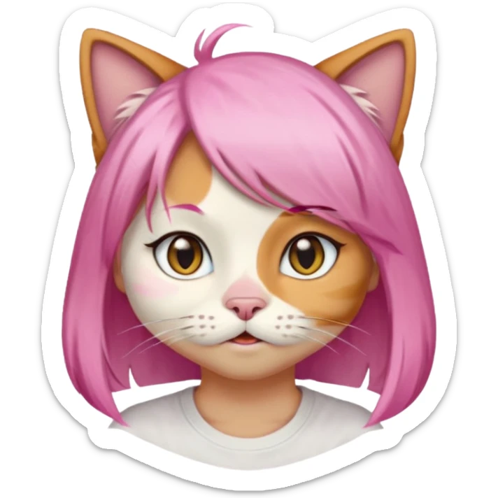 calico cat wear pink hair wig, white T-shirt sticker