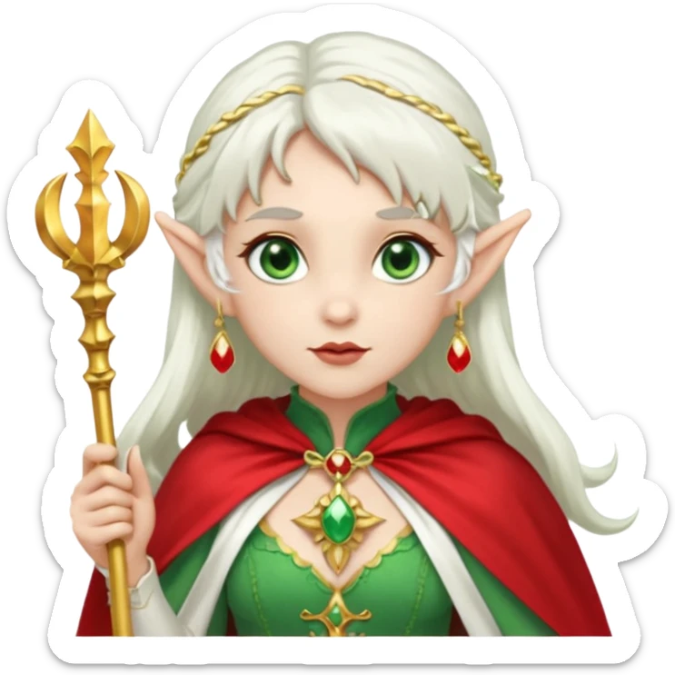 an elf with very white hair and two long ponytails on the side of her head, she has a curtain bang, green eyes, she has a white cape with golden borders and a scepter with a red orb, she has earrings that look like red drops sticker