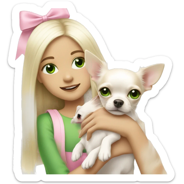 pale blond girl with long platinum hair with green eyes holding a white chihuahua puppy that wearing a pink bow sticker
