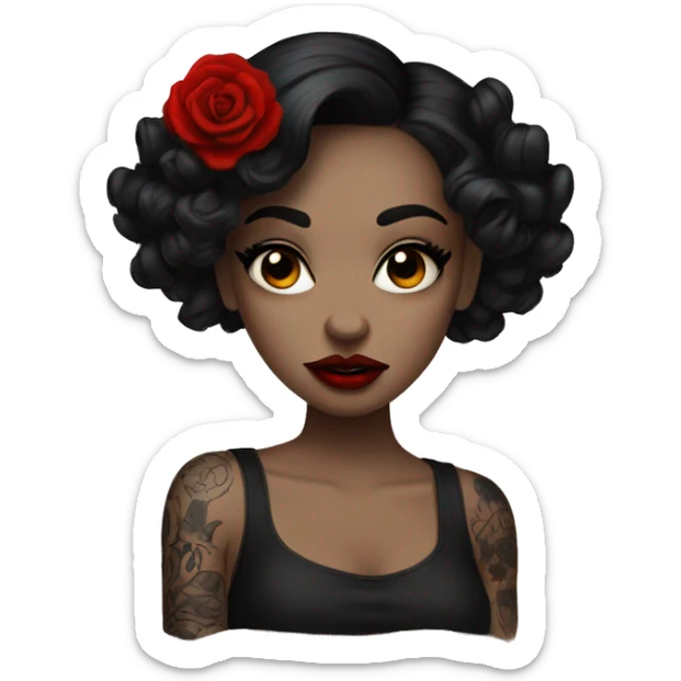 Pale black haired girl with black tattoos on body wearing red lipstick  sticker