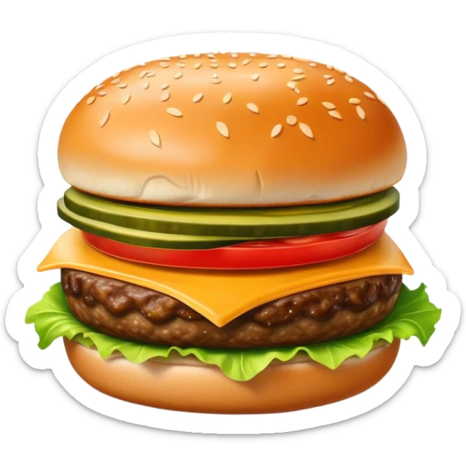 Cinematic juicy cheeseburger, perfectly grilled patty, melted cheese, crisp lettuce, tomatoes, and pickles, soft sesame seed bun, glossy and rich, warm glowing background, ultra-detailed and appetizing. sticker