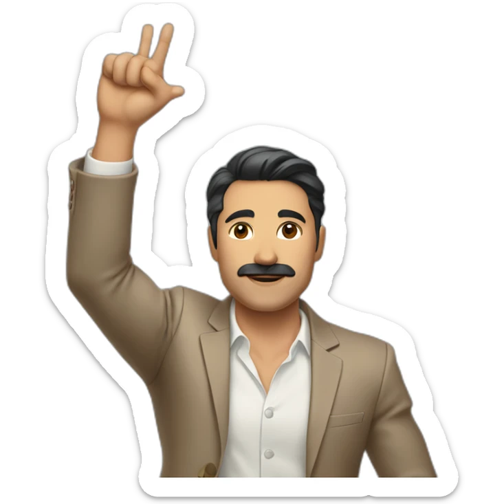 Man with light brown suit, dark hair and small mustache. He holds his arm up in the air sticker