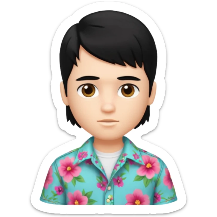 generate a pretty bratz fair skinned boy with a mullet black hair wearing a floral shirt sticker