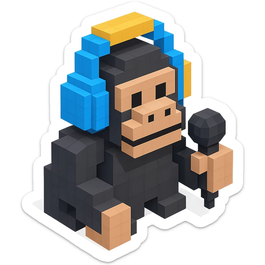 gorilla with headphones holding a microphone, isometric view, voxel style sticker