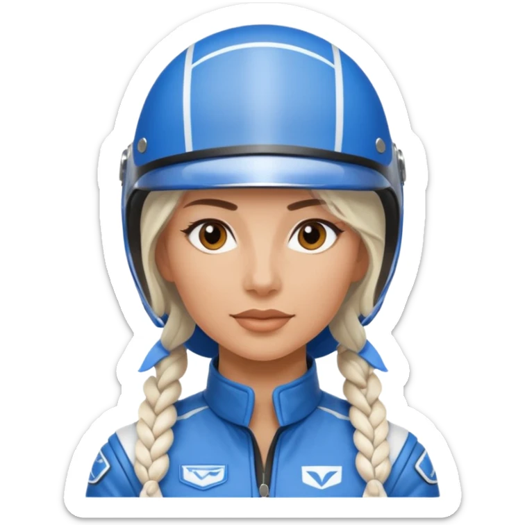 woman with white braided hair in blue racer helmet sticker