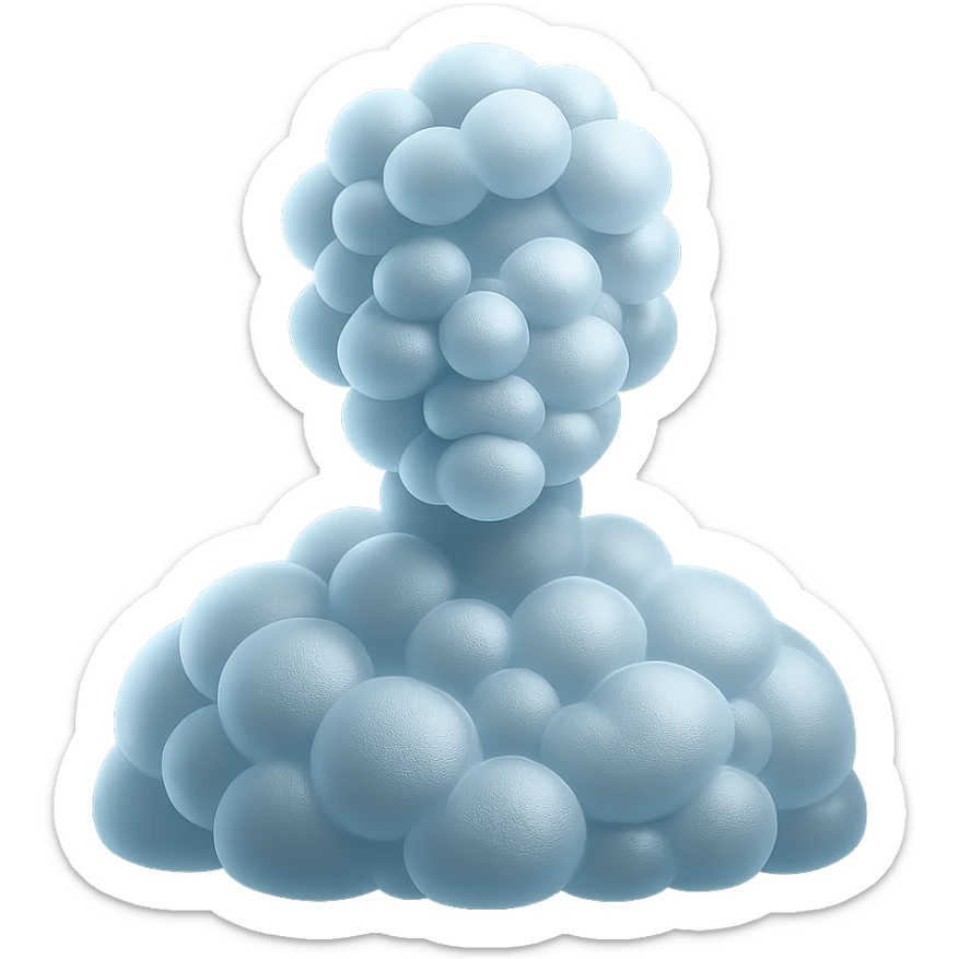 shoulder-up portrait of a person facing forward, fully composed of bright, convex clouds with glass bubble effect, matte glass style sticker