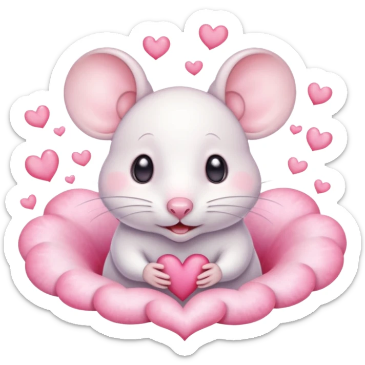 This is a cute watercolor illustration of a small, white cartoon mouse with large, round, pink-lined ears. The mouse has heart-shaped eyes, a small open mouth, and is surrounded by floating pink hearts, conveying a feeling of love, adoration, or strong affection. sticker
