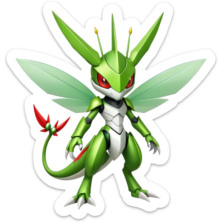 Cute Cool Edgy Shiny Futuristic Ethereal Legendary Kartana-Digimon-Scyther-Scizor-hybrid full body sticker
