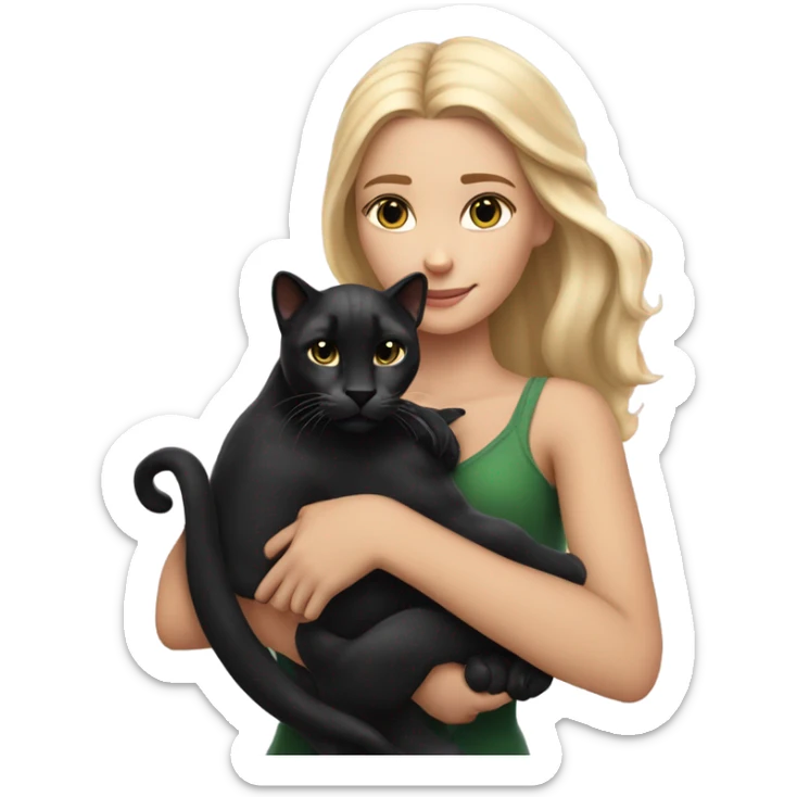 beautiful blonde girl holding a Black panther cat cof bengal origin in her arms sticker