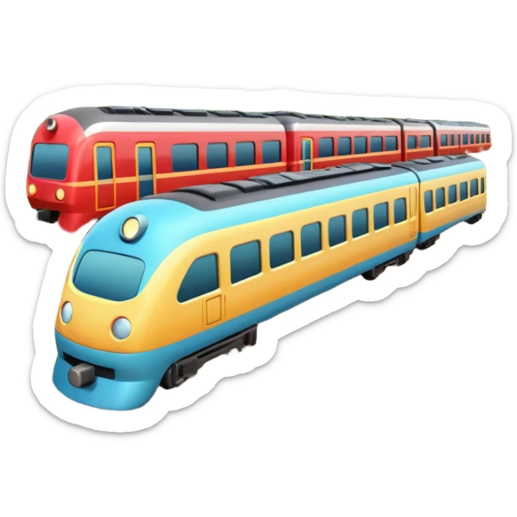 A 3D cartoon passenger train with windows and multiple cars, moving on railway tracks, bright daylight, Memoji-style. sticker