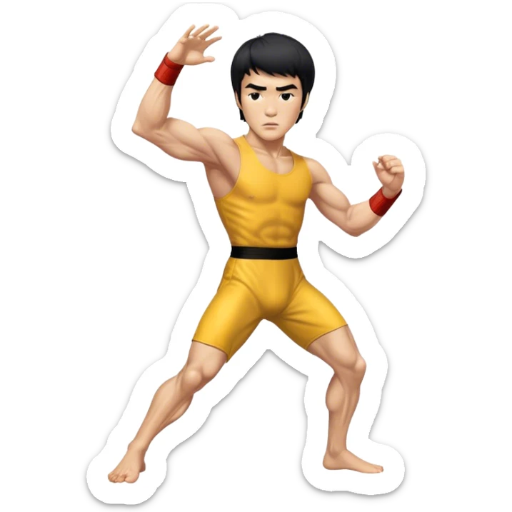Cinematic Realistic portrait of Bruce Lee, shown as a legendary martial artist in a dynamic, powerful pose with modern athletic attire and finely detailed muscle definition, rendered in dramatic action lighting sticker