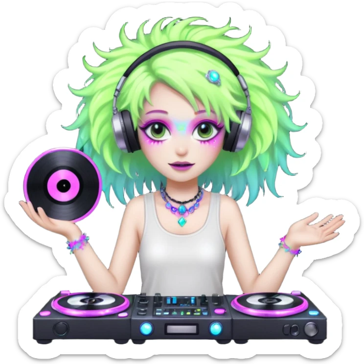  hard-techno-rave-fairy,-holding-a-dj-turntable,-wild-hair,-neon-sparkles,-minimal-background sticker