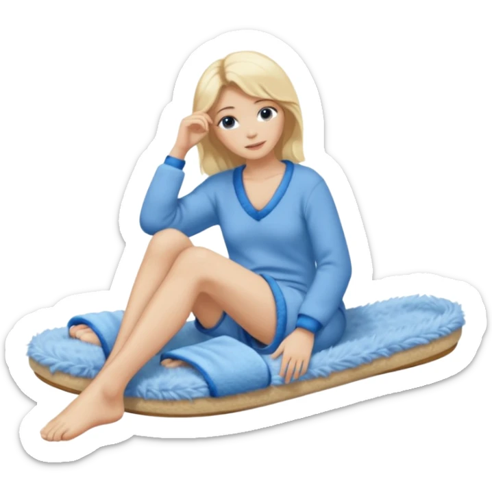 blonde woman wearing comfy lounging outfit, blue fuzzy slippers on her bare feet sticker