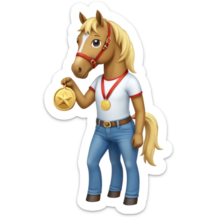 friendly anthropomorphised horse in jeans and a t-shirt, wearing a gold medal sticker