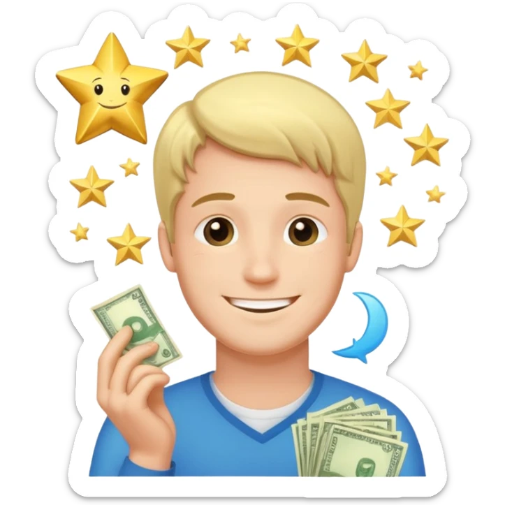 a man with a dreamy smile, thought bubble showing a stack of money and a gold star sticker