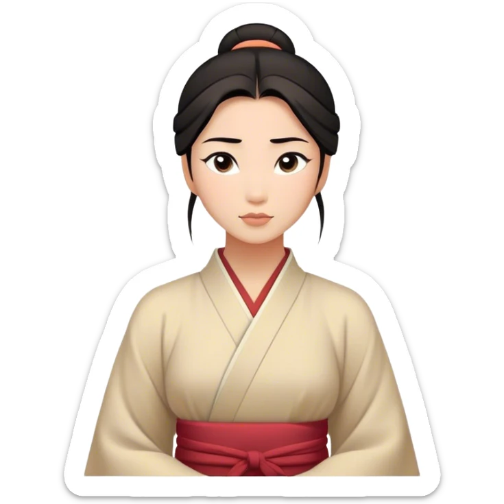 Cinematic Serene Mulan Portrait Emoji, rendered in a simplified vector style. Depict a gentle Mulan (chest and above) with warm, radiant skin, sleek dark hair pulled back in a neat bun, and a calm, thoughtful expression, wearing a simple traditional robe in muted hues. The design glows softly with an elegant, inviting light. sticker