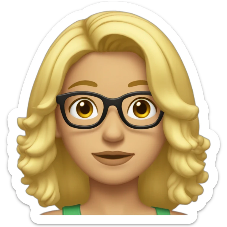 chica rubia con pelo largo a la altura de los hombros y suelto, com mechas rubias en el pelo, ojos verdes y gafas negras sticker