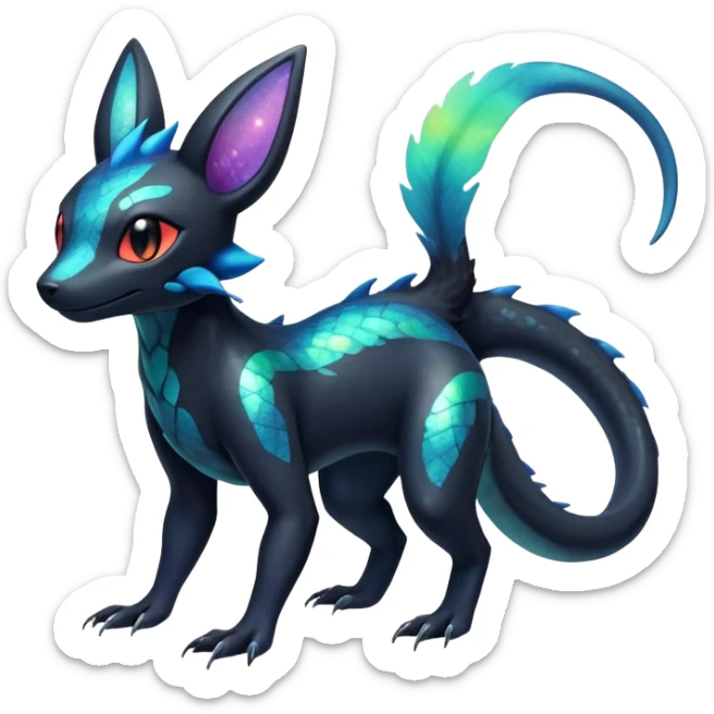 Colorful Iridescent Exotic Salandit-Aurorus-Umbreon-Fakémon-hybrid-creature (full body)  sticker