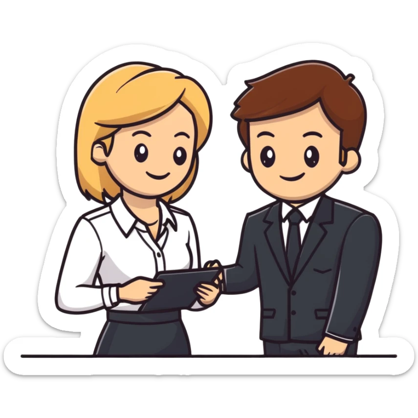 blonde woman in business suit talking to smiling brown-haired man in white shirt sticker