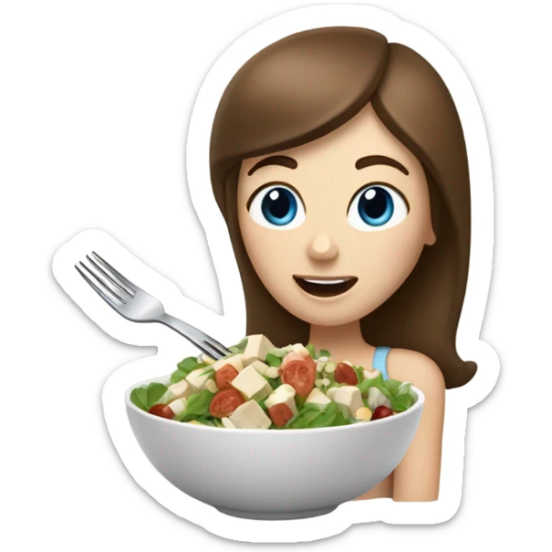 White girl Brown hair blue eyes freackles eating Tofu salad with fork sticker