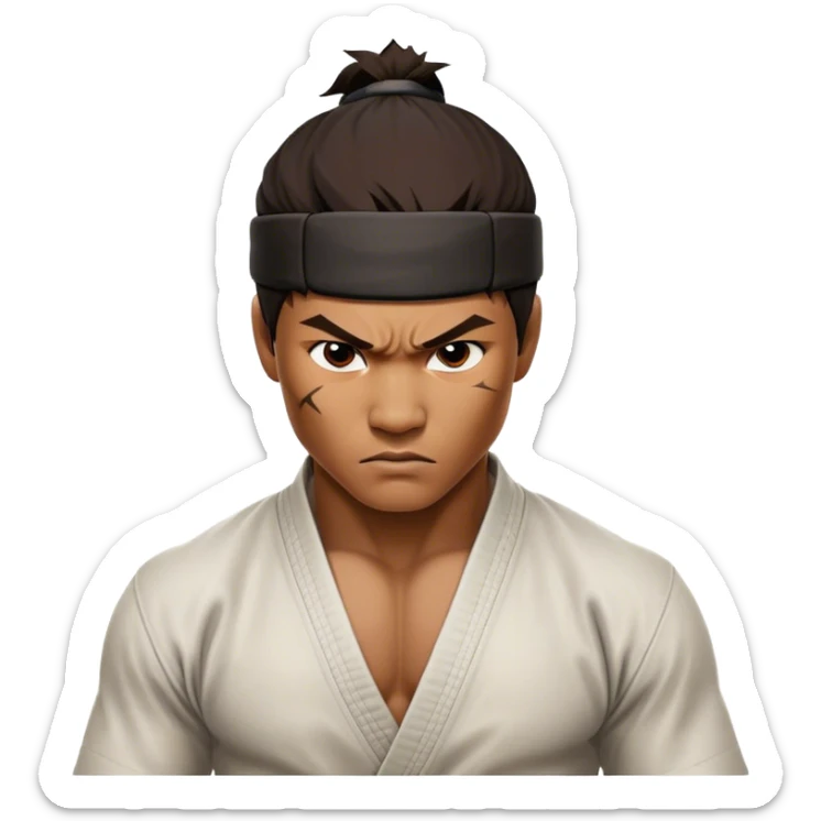 ​Cinematic Realistic Portrait of Tony Jaa, a close-up depiction capturing his intense, determined expression and finely detailed features, rendered with dramatic natural lighting that emphasizes his rugged athleticism and unmistakable martial arts presence, sticker