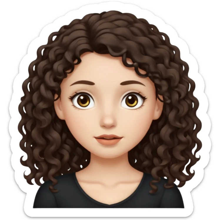 Aesthetic white girl with long curly hair color dark brown (almost black, but more brownish), hair most be in front of the shoulders. Big almond shape eyes color brown, small wide nose, natural lips, sweet expression. Dressed with a cute tight top color black. sticker
