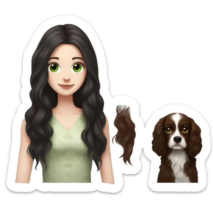 pale skin girl with green eyes with long dark brown hair that has a flower in her hair  holding a black and brown cavalier dog the dog also has a flower in its hair sticker