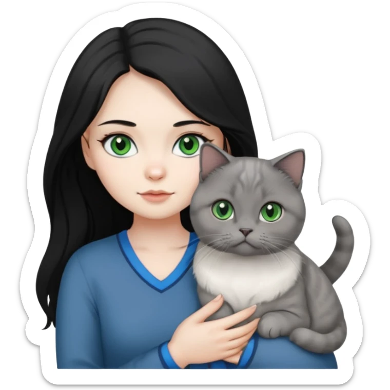 Black long hair, white skin, pretty black eyes, a woman with a gray Scottish fold green eye cat and a white blue eye cat
 sticker