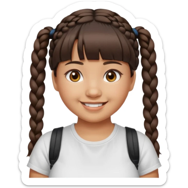 20 year old woman with tan skin, dark brown hair in low pigtail braids, blunt cut bangs, chubby, brown eyes, smiling without teeth showing sticker