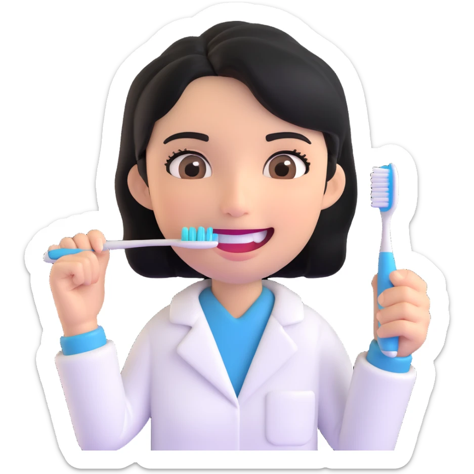 olive skin dentist with black hair, holding a toothbrush, emoji style sticker