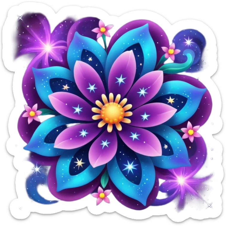 stylized flower with swirling nebula colors, sparkling stars on the petals, cosmic fantasy sticker