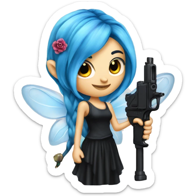 Blue haired fairy with black dress and tattoo gun sticker