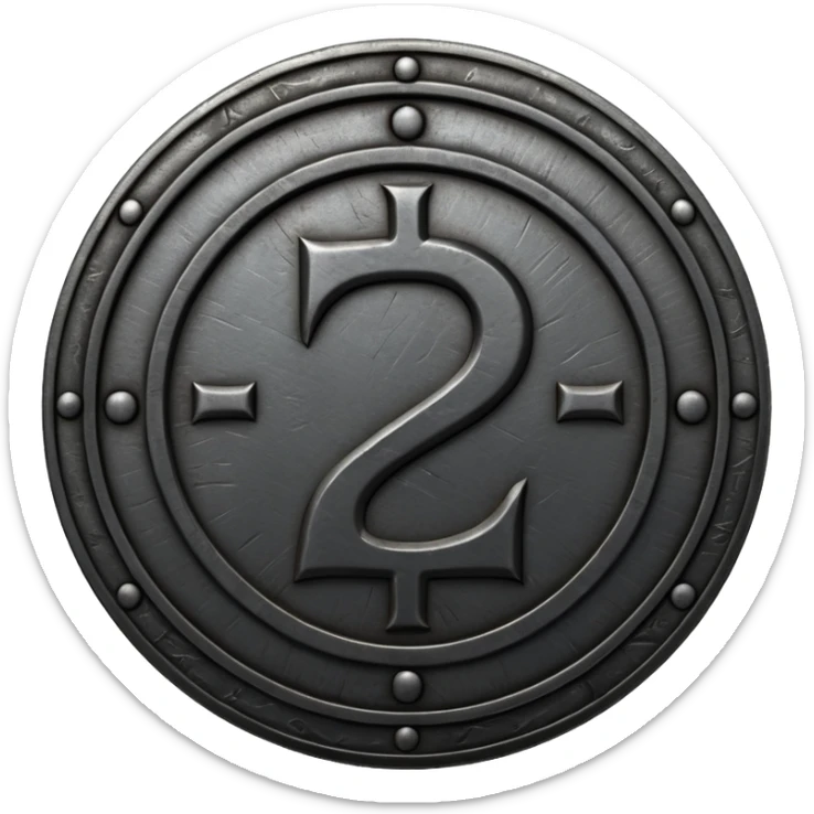 Minimal emoji, gothic metal coin made of black steel, engraved number 2 at the center, ancient industrial aesthetic, worn metal texture, no glow, no neon, flat emoji design, centered, transparent background sticker