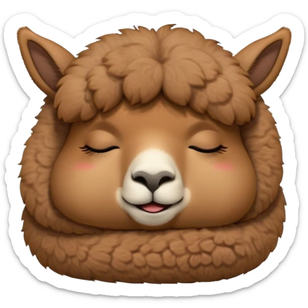 Meme-Worthy Cute Sleeping Brown Alpaca Portrait Emoji, Head resting peacefully with a contented smile, showcasing a delightfully sturdy build and a luxuriously soft brown fleece, eyes shut in a serene nap, Simplified yet hilariously adorable features, highly detailed, glowing with a soft, drowsy light, high shine, relaxed and utterly lovable, stylized with an air of playful laziness, bright and heartwarming, soft glowing outline, capturing the essence of a comically sleepy alpaca, so meme-worthy it feels like it could instantly become the next viral sensation of adorable slumber! sticker
