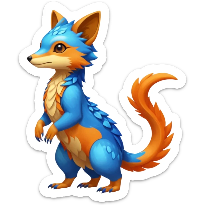 Colorful brown with blue and orange tropical exotic shiny beautiful fantasy-Vernid-Cacomistle-Oncilla-animal-Fakémon-hybrid-fursona (full body) sticker