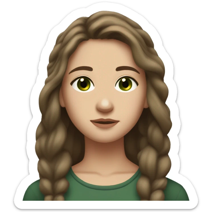 a Woman with Brown hair, long hair, Dark Green eyes, White, 17 Years Old, Squinted Downturned eyes, Hair Almost Covering One Eye, Side Parted Hair, Soft Eyes, Downturned Eyes, Equilian Nose, Roman Nose, Full Body, Freckles sticker