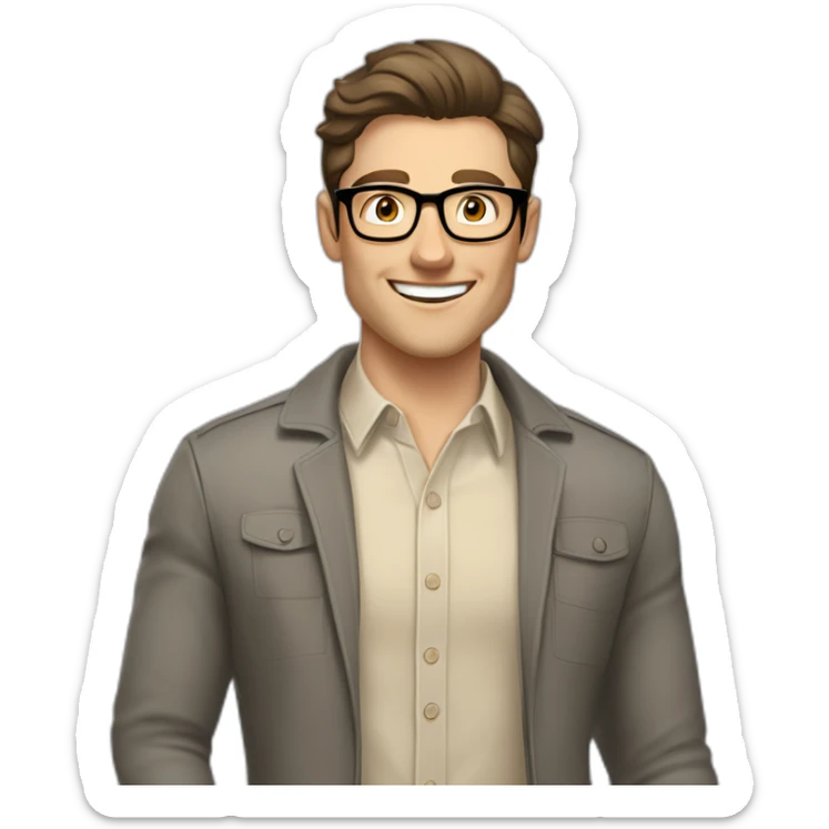 Joyful Pale skinned Fit Man With dark brown hair in gray jacket, beige office shirt, Brown pants and vintage glasses. His thrumbs up sticker